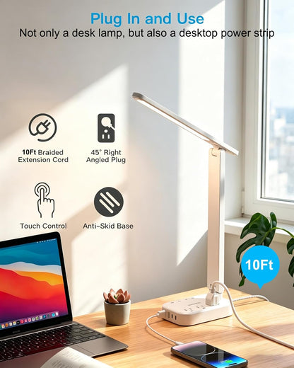 Small LED Desk Lamp Power Strip 10Ft Extension Cord, 3 Outlets 4 USB Ports(2 USB C), 4 Modes, 5 Level Touch Lamp, Study Reading Light, Home Office Bedroom College Dorm Room Essentials, White
