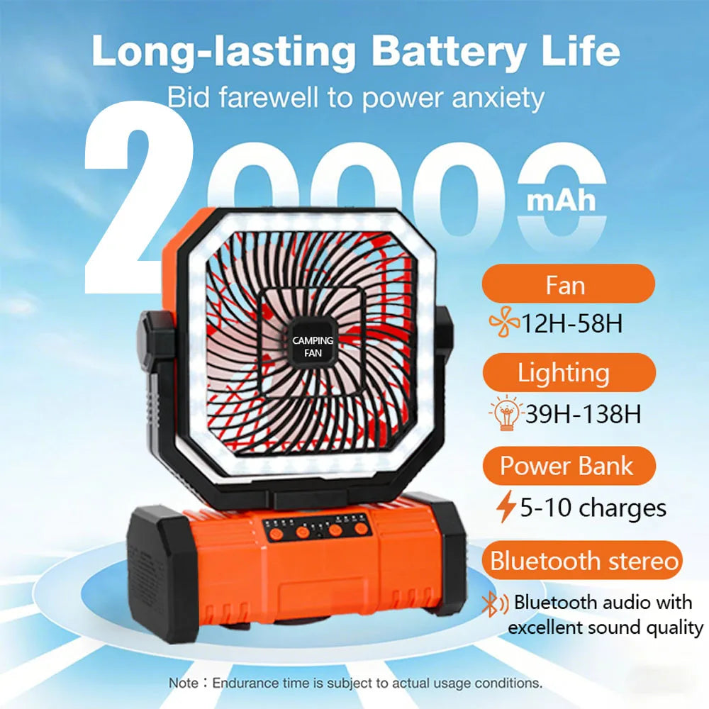 Camping Portable Desk Fan with LED Light Rechargeable Quiet Camping Fan 20000Mah Battery Hanging Hook for Trip Home Bedroom
