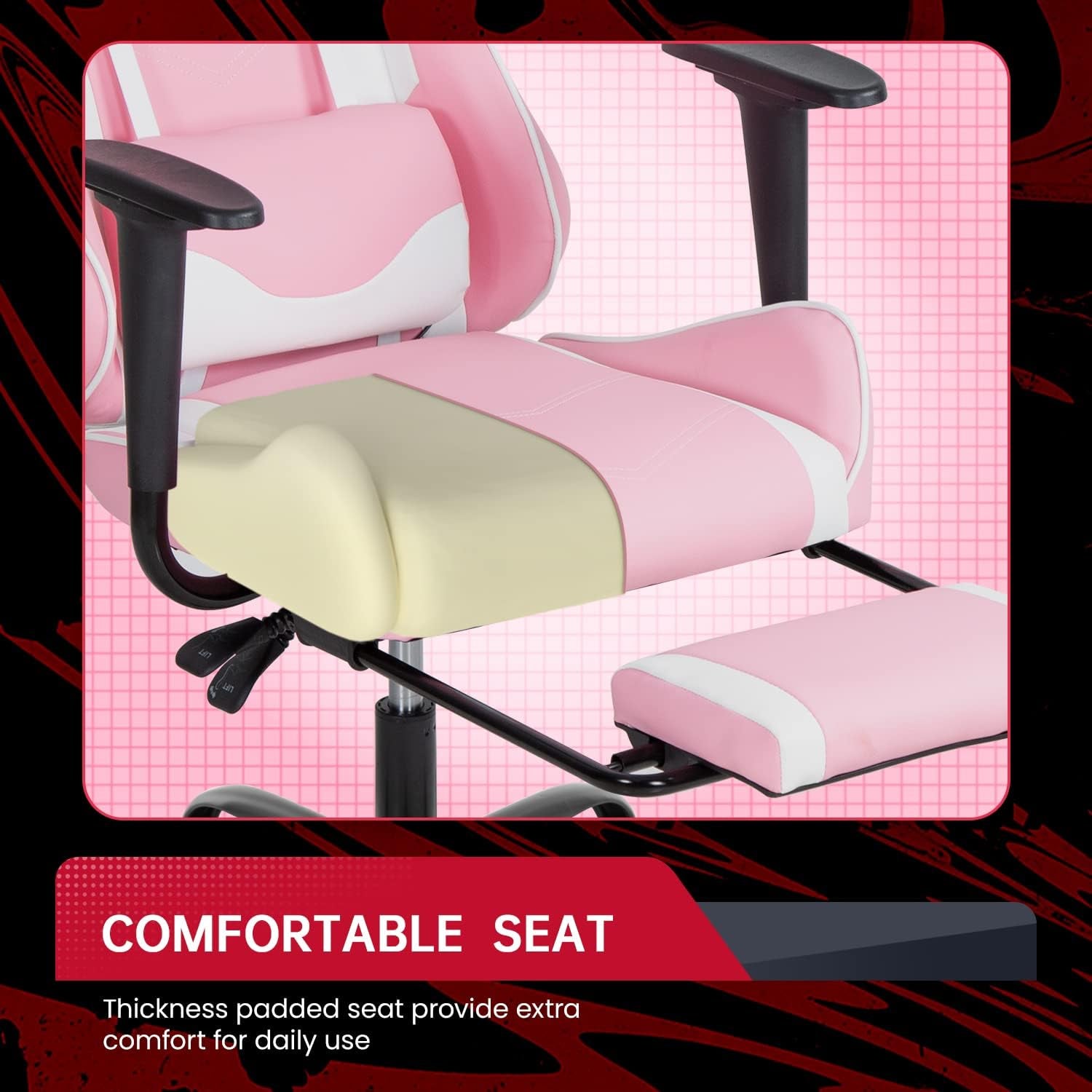 Ergonomic Pink Gaming Chair with Reclining Feature, Lumbar Support, Headrest Pillow, and Adjustable Footrests - 360-Degree Swivel and Heavy-Duty Wheels for Home and Office Use