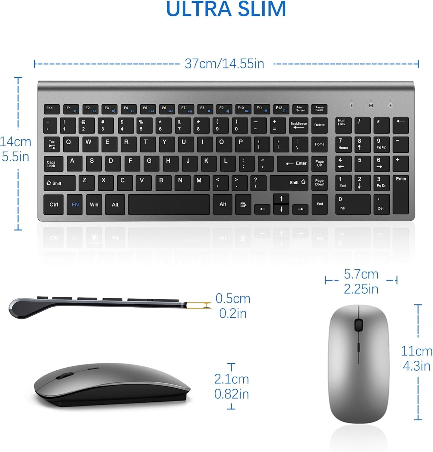 Wireless Keyboard and Mouse Ultra Slim Combo,  2.4G Silent Compact USB 2400DPI Mouse and Scissor Switch Keyboard Set with Cover, Batteries Included, for Pc/Laptop/Windows/Mac - Gray Black
