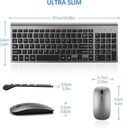 Wireless Keyboard and Mouse Ultra Slim Combo,  2.4G Silent Compact USB 2400DPI Mouse and Scissor Switch Keyboard Set with Cover, Batteries Included, for Pc/Laptop/Windows/Mac - Gray Black
