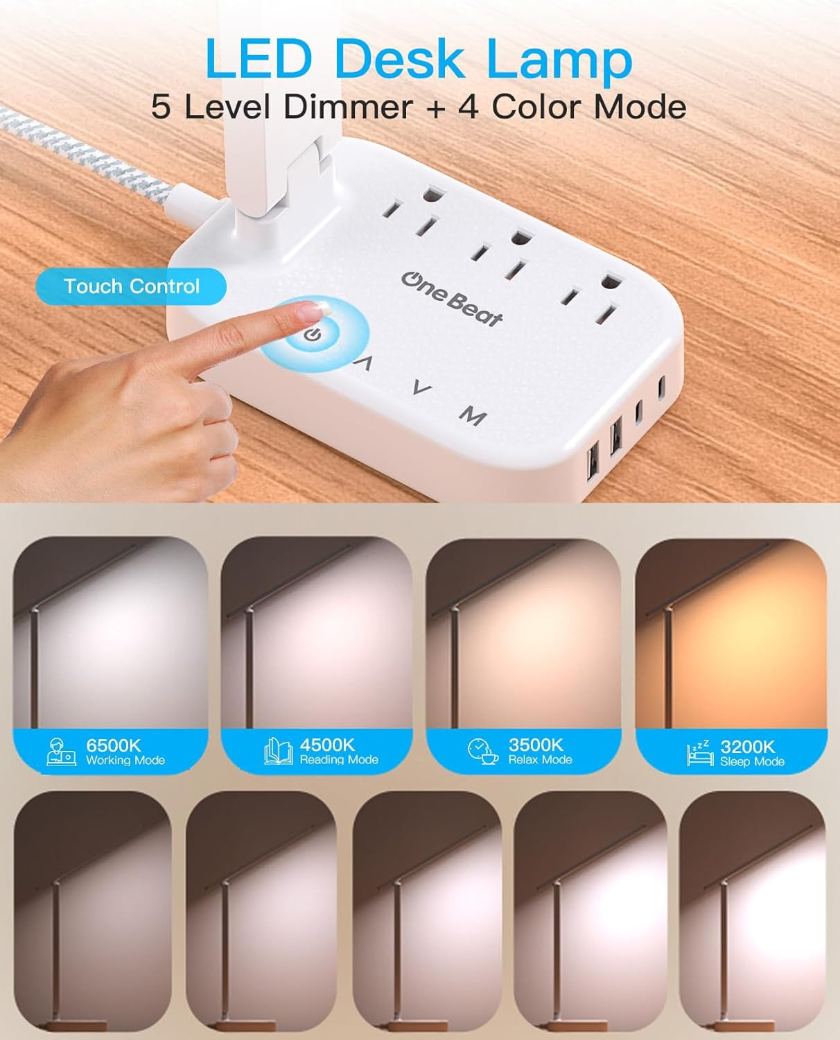 Small LED Desk Lamp Power Strip 10Ft Extension Cord, 3 Outlets 4 USB Ports(2 USB C), 4 Modes, 5 Level Touch Lamp, Study Reading Light, Home Office Bedroom College Dorm Room Essentials, White