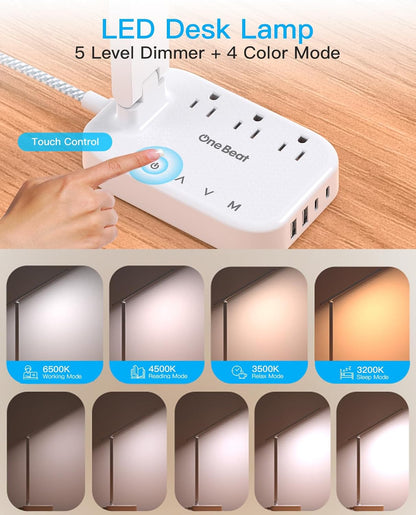 Small LED Desk Lamp Power Strip 10Ft Extension Cord, 3 Outlets 4 USB Ports(2 USB C), 4 Modes, 5 Level Touch Lamp, Study Reading Light, Home Office Bedroom College Dorm Room Essentials, White
