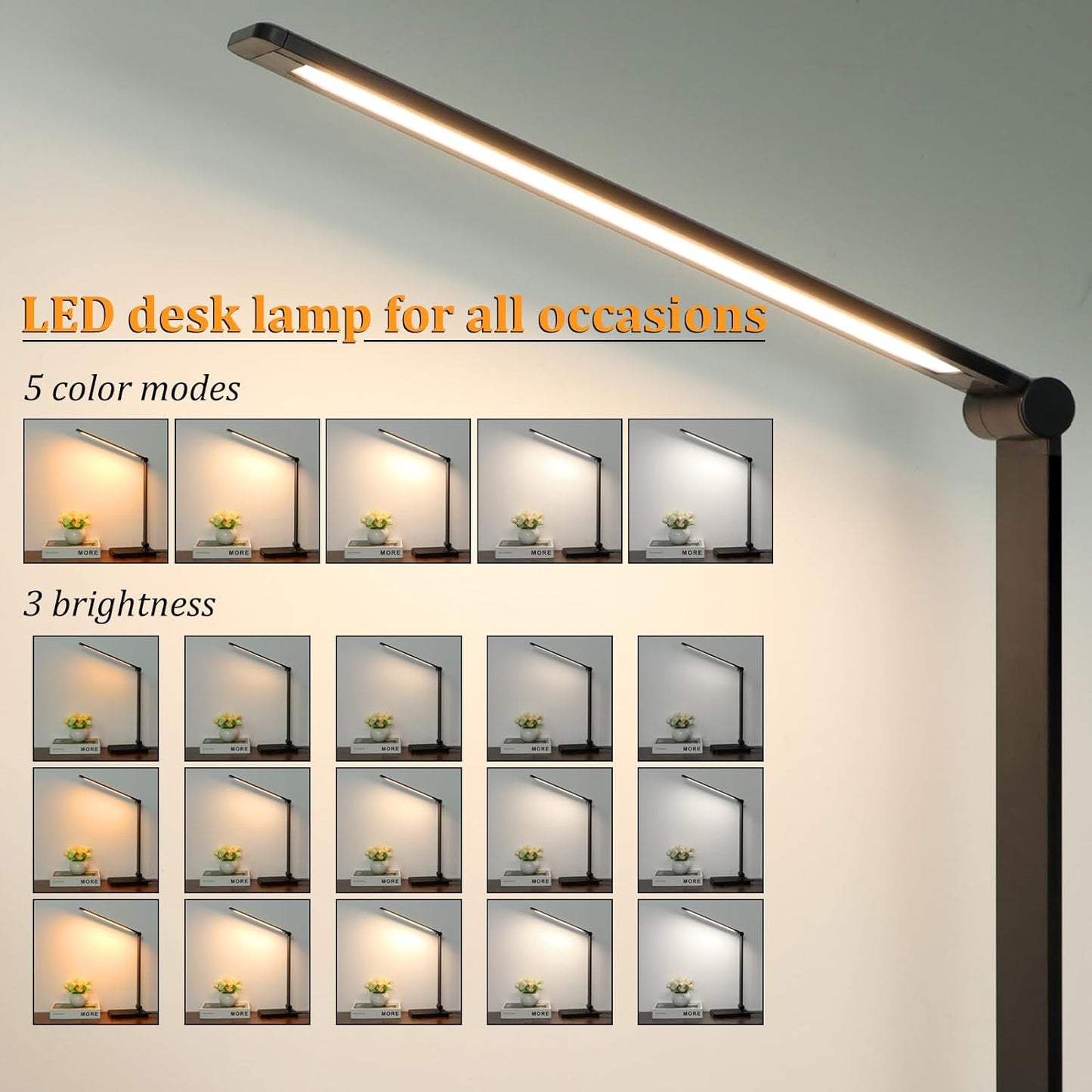 LED Desk Lamp with USB Ports,Touch Desk Lamps for Home Office with 5 Color Modes,3 Brightness Desk Light with Small Night Light,Reading Lamp Table Lamp for Bedroom Bedside Study Black （With Adapter）