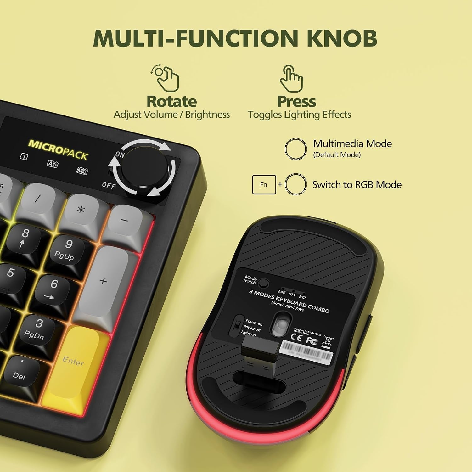 Wireless Keyboard and Mouse Combo Creamy with Number Pad for Desktop Mac Ipad Bluetooth/2.4Ghz/Wired Rechargeable Light up RGB Quiet Compatible with PC Laptop Tablet (Black)