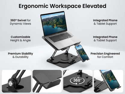 Laptop Stand for Desk,Adjustable Computer Stand with 360° Rotating Base,2-In-1 Laptop Stands with Phone Holder,Ergonomic Laptop Riser for Collaborative Work,Fits for All 10-16" Laptops