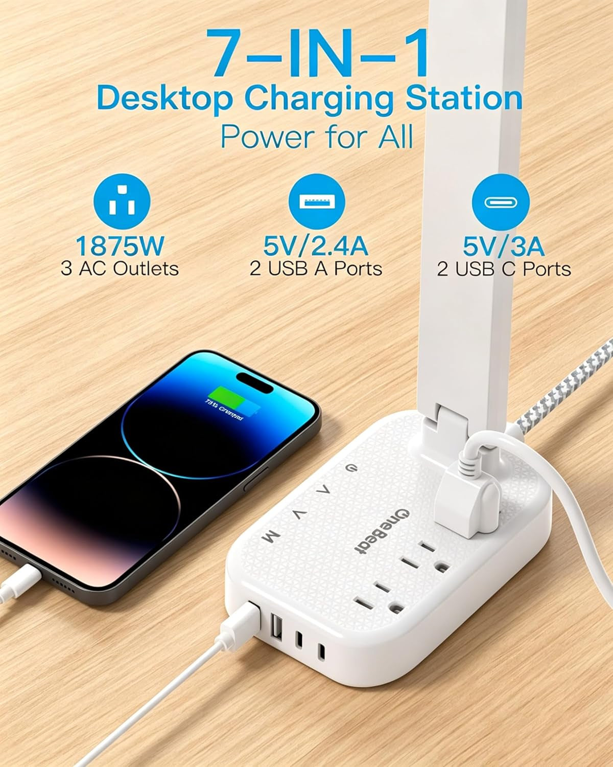 Small LED Desk Lamp Power Strip 10Ft Extension Cord, 3 Outlets 4 USB Ports(2 USB C), 4 Modes, 5 Level Touch Lamp, Study Reading Light, Home Office Bedroom College Dorm Room Essentials, White