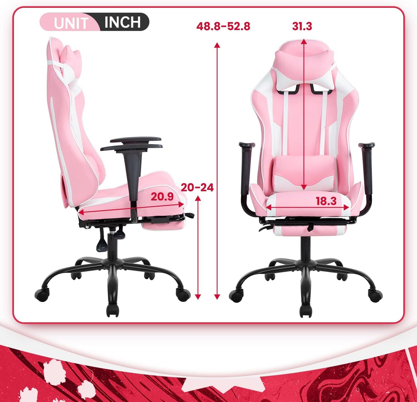 Ergonomic Pink Gaming Chair with Reclining Feature, Lumbar Support, Headrest Pillow, and Adjustable Footrests - 360-Degree Swivel and Heavy-Duty Wheels for Home and Office Use
