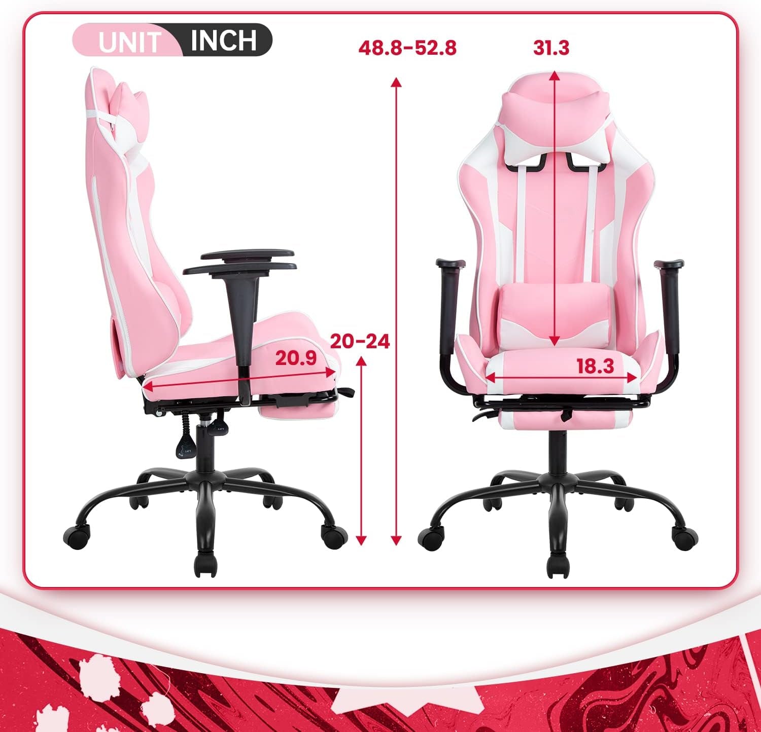Ergonomic Pink Gaming Chair with Reclining Feature, Lumbar Support, Headrest Pillow, and Adjustable Footrests - 360-Degree Swivel and Heavy-Duty Wheels for Home and Office Use