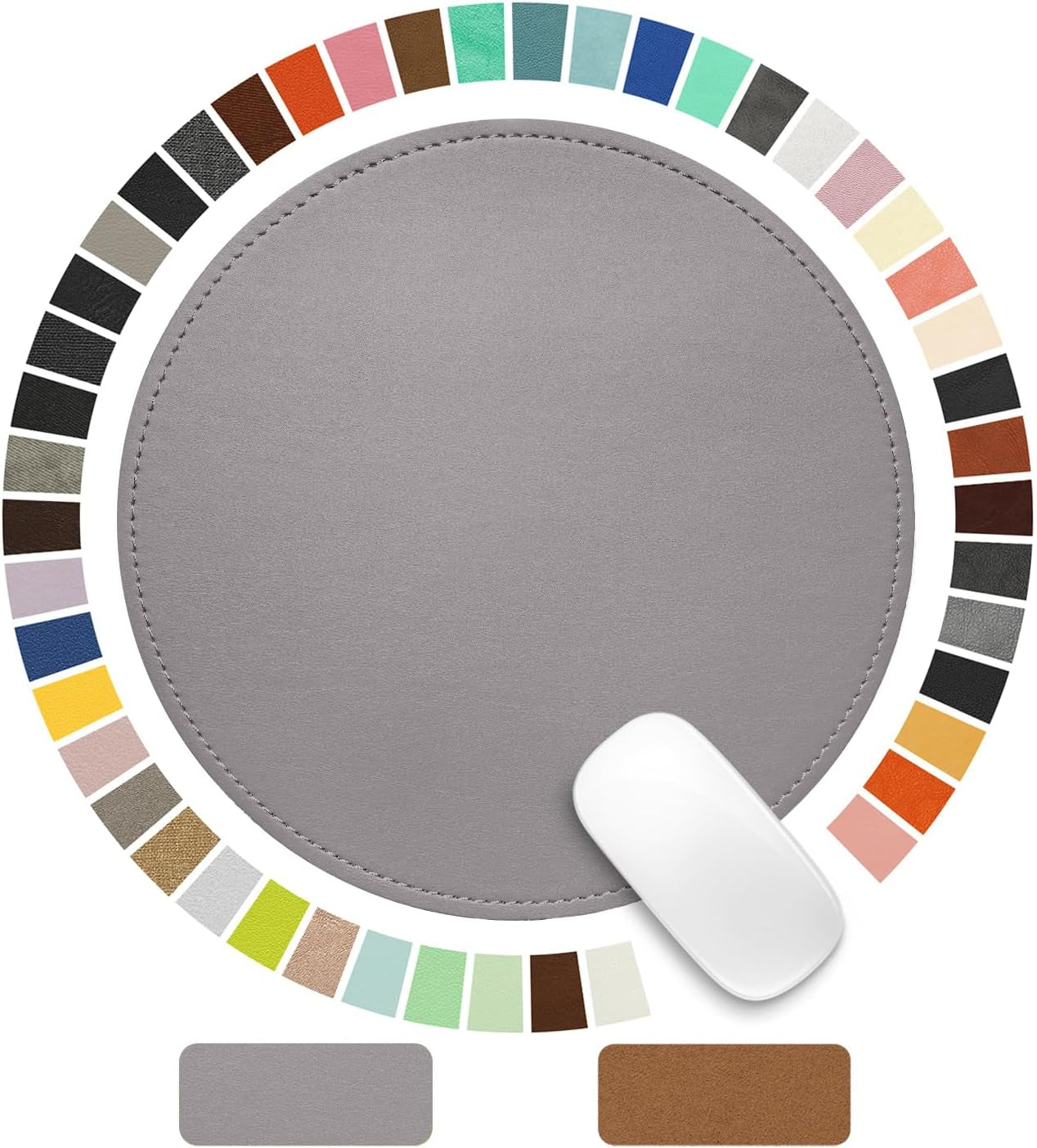 Round Leather Mouse Pad with Stitched Edge and Non-Slip Waterproof Microfiber Base, 9 x 9 Inches (Charcoal Black)
