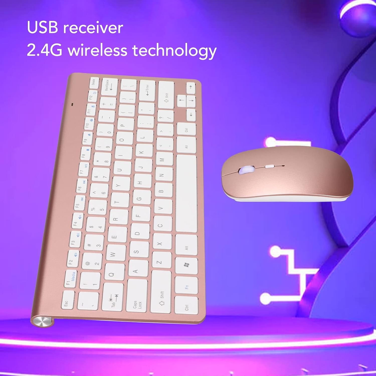 Keyboard Mouse Set 2.4G USB Thin Ergonomic Mute for Computer (Rose Gold)