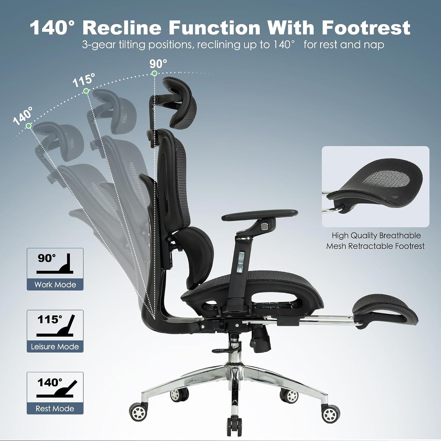 Ergonomic Mesh Office and Gaming Chair with Footrest, High Back Design, 3D Lumbar Support, 130° Tilt, Adjustable Seat Depth, 6D Armrests, and 3D Headrest (Black Pro)