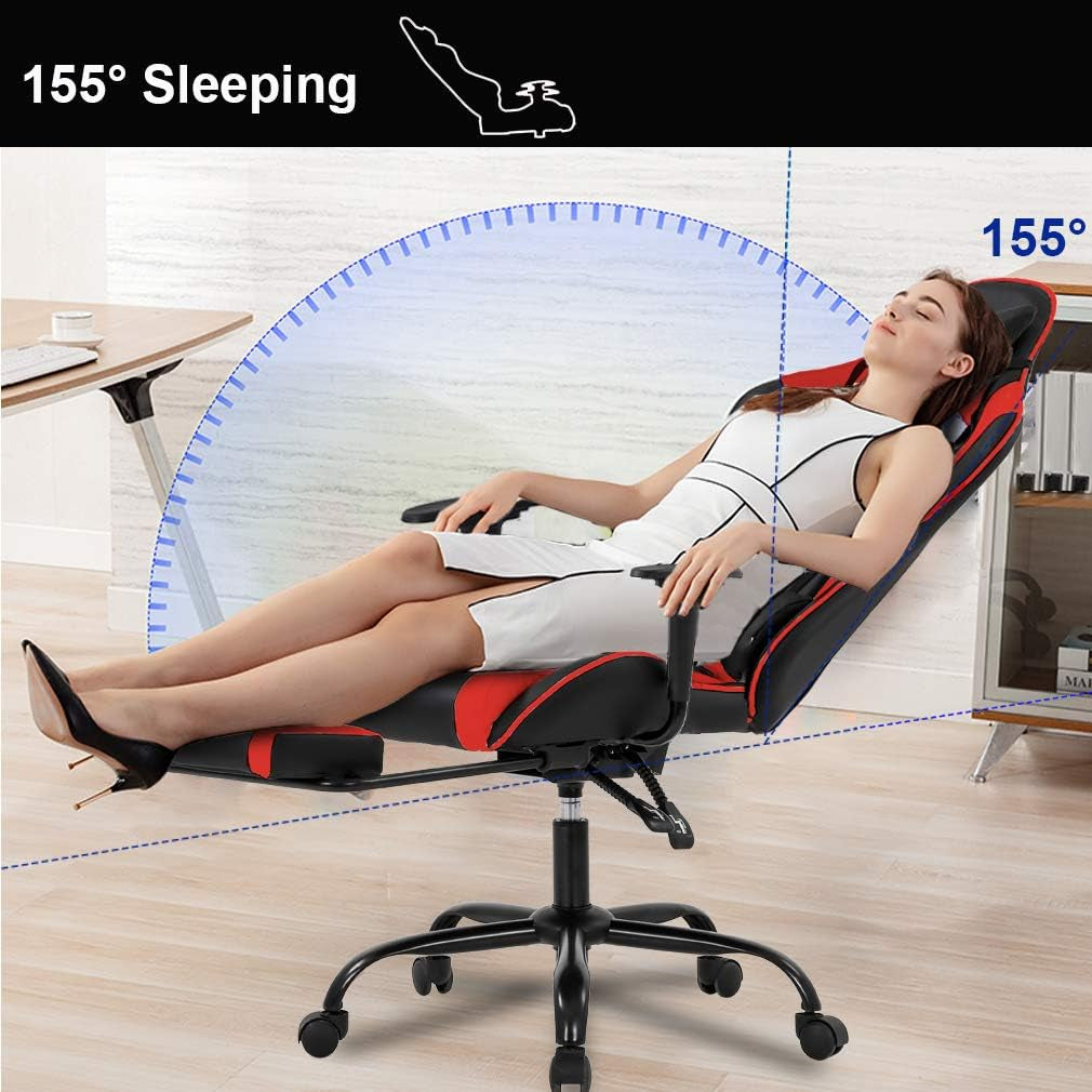 Ergonomic Red Gaming Chair with Recline Function, Lumbar Support, Headrest Pillow, and Adjustable Footrests - 360-Degree Swivel and Heavy-Duty Wheels for Home and Office Use