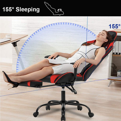 Ergonomic Red Gaming Chair with Recline Function, Lumbar Support, Headrest Pillow, and Adjustable Footrests - 360-Degree Swivel and Heavy-Duty Wheels for Home and Office Use