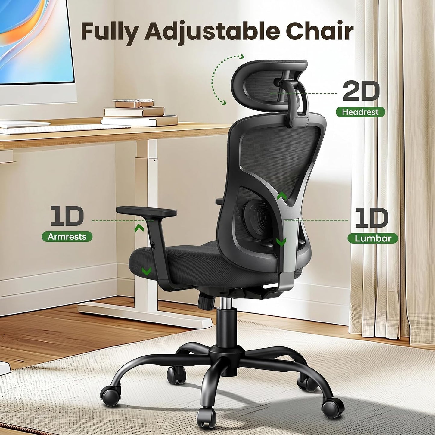 Ergonomic Office and Gaming Chair Featuring Lumbar Support and Adjustable 2D Headrest