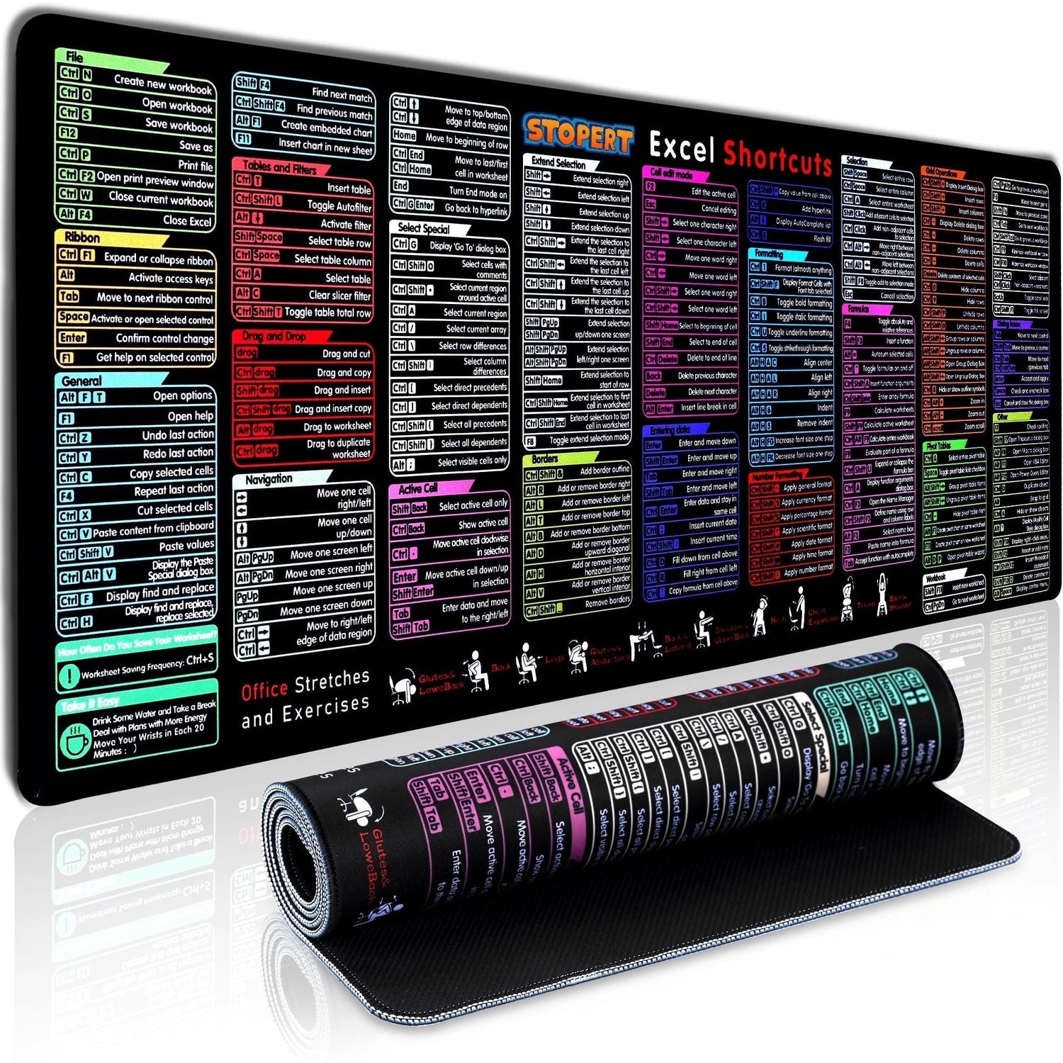 XL Office Excel Cheat Sheet Desk Pad Mat - Large Waterproof Anti-Slip Mouse Pad with Keyboard Shortcuts - 31.5” x 11.8”