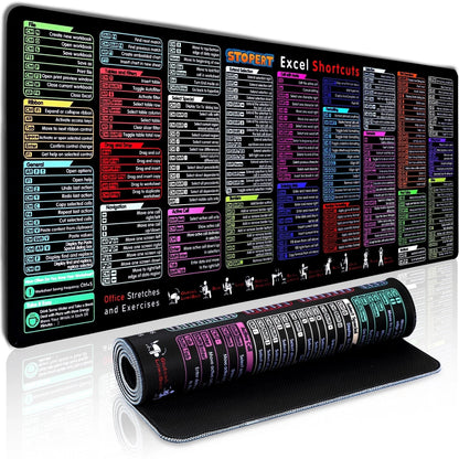 XL Office Excel Cheat Sheet Desk Pad Mat - Large Waterproof Anti-Slip Mouse Pad with Keyboard Shortcuts - 31.5” x 11.8”