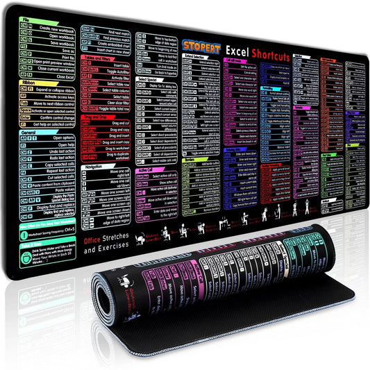 XL Office Excel Cheat Sheet Desk Pad Mat - Large Waterproof Anti-Slip Mouse Pad with Keyboard Shortcuts - 31.5” x 11.8”