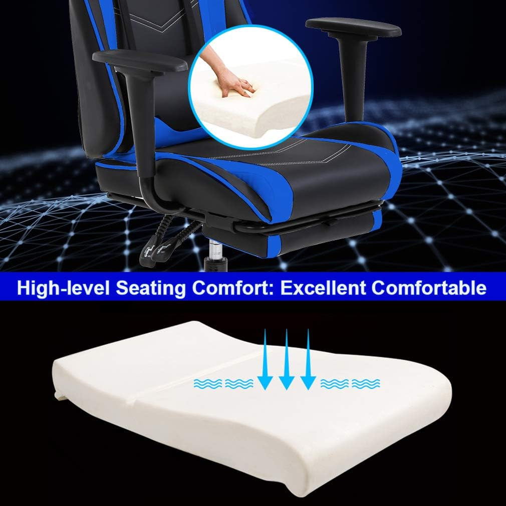 Ergonomic Blue Gaming Chair | Reclining Computer Chair with Lumbar Support, Headrest Pillow, and Adjustable Footrests | 360-Degree Swivel with Heavy-Duty Wheels | Ideal for Home and Office