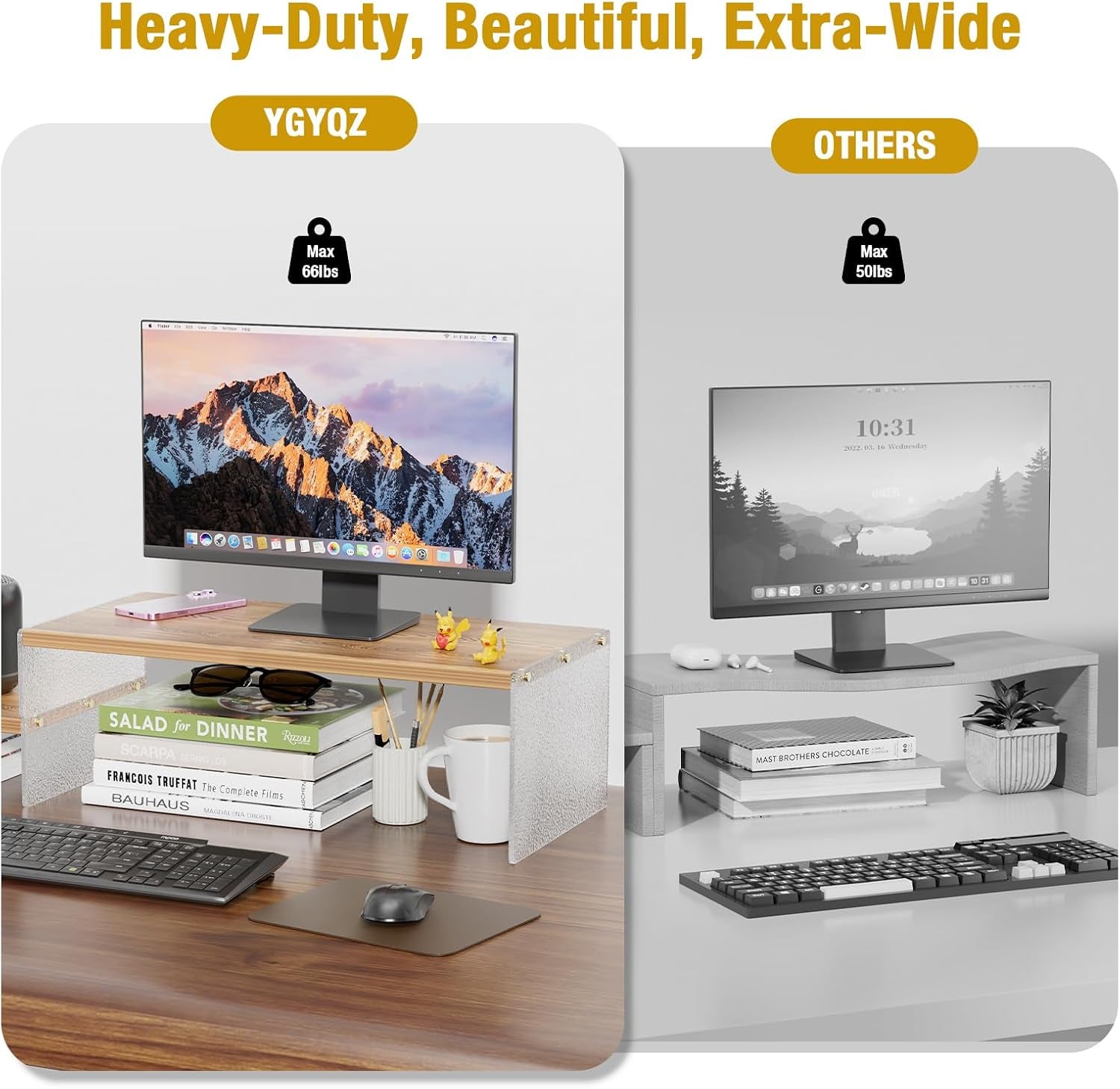 Adjustable Monitor Stand Riser with Acrylic Legs丨9.4" Wide Dual Monitor Stand for Desk丨2-Tier Wood Desktop Organizer for Computer, Laptop, Printer & Pc丨Modern Aesthetic Desk Shelf(Wood-Glacial Striae)