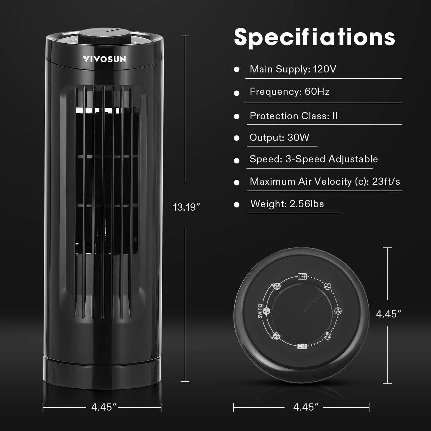 VIVOSUN 13'' Tower Fan, Bladeless Desk Fan, for Cooling Air Circulation Anywhere, 3 Speeds 70° Oscillation, Quiet Portable Desk Fan for Home Office, Black