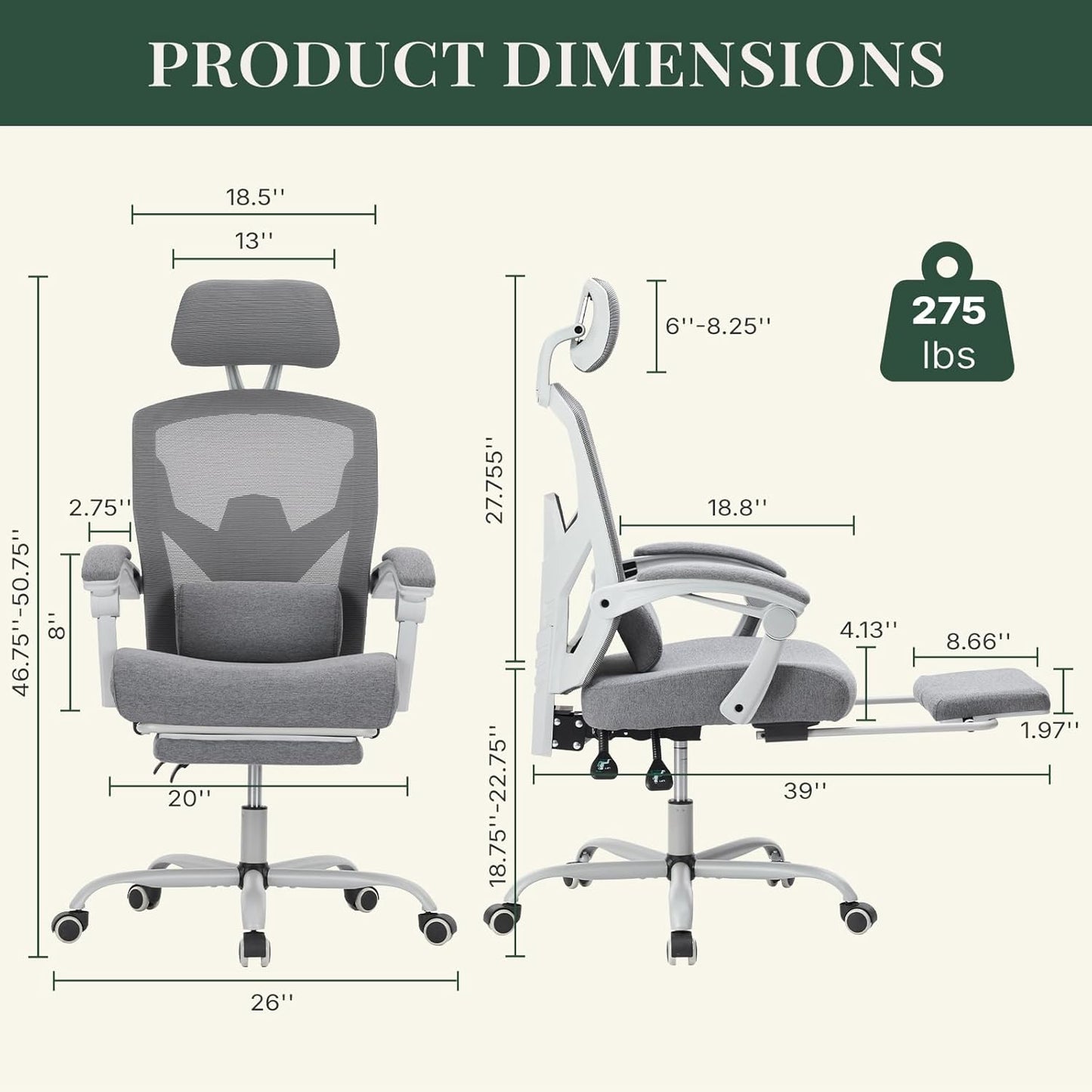 Ergonomic High Back Office Chair with Footrest and Lumbar Support, Adjustable Recline and Mesh Back for Home and Gaming, Grey