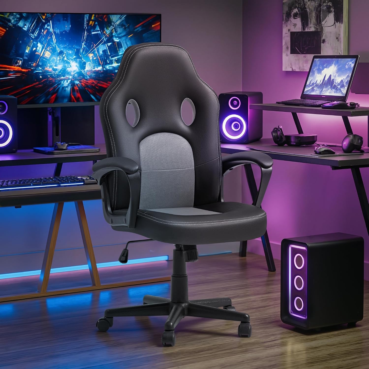 High-Back Ergonomic Leather Office Gaming Chair with Adjustable Height - Executive Conference Task Chair (Grey)