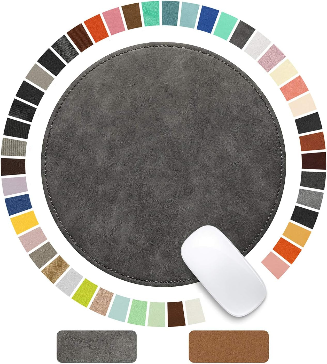 Round Leather Mouse Pad with Stitched Edge and Non-Slip Waterproof Microfiber Base, 9 x 9 Inches (Charcoal Black)
