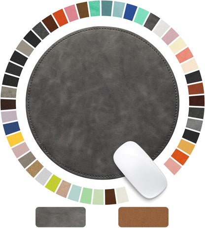 Round Leather Mouse Pad with Stitched Edge and Non-Slip Waterproof Microfiber Base, 9 x 9 Inches (Charcoal Black)