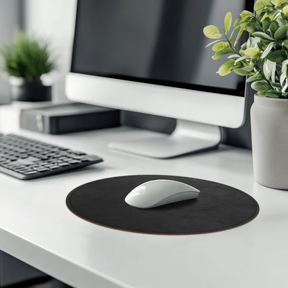 Round Leather Mouse Pad with Stitched Edge and Non-Slip Waterproof Microfiber Base, 9 x 9 Inches (Charcoal Black)