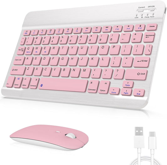 Rechargeable Bluetooth Keyboard and Mouse Combo, Universal Ultra-Slim Wireless Keyboard Mouse Set for Android Windows Ipad Iphone Samsung Tablet Portable Compact Keyboard Set (Pink)