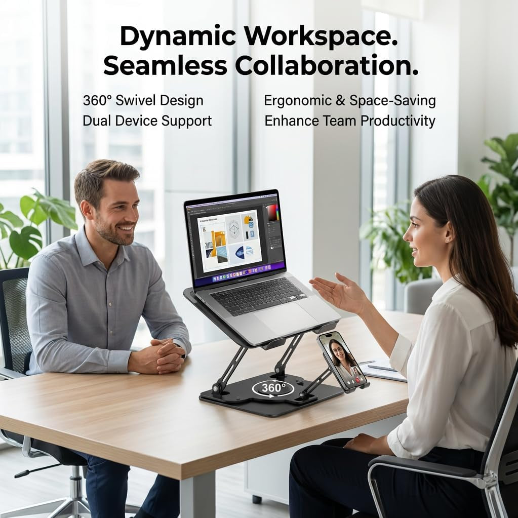Laptop Stand for Desk,Adjustable Computer Stand with 360° Rotating Base,2-In-1 Laptop Stands with Phone Holder,Ergonomic Laptop Riser for Collaborative Work,Fits for All 10-16" Laptops