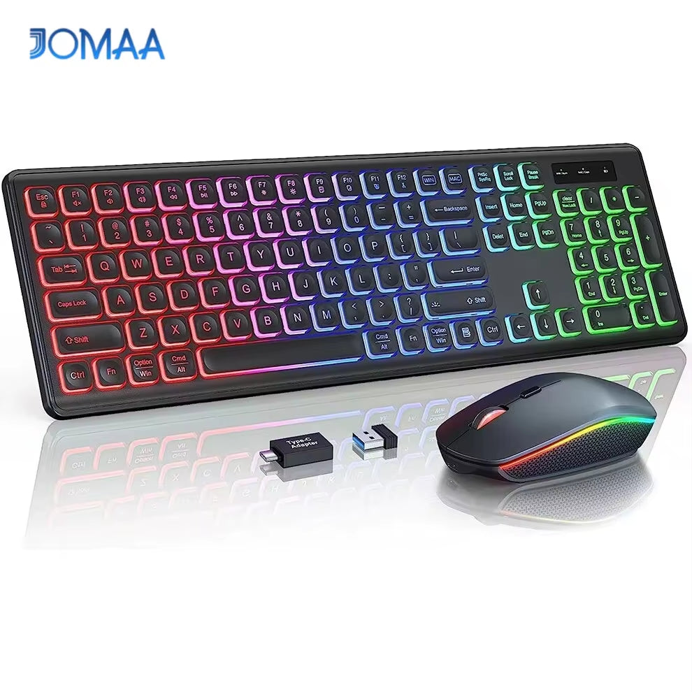Rechargeable 2.4G Wireless Keyboard and Mouse Combo with RGB Backlighting - Full-Size Ergonomic Type-C Design