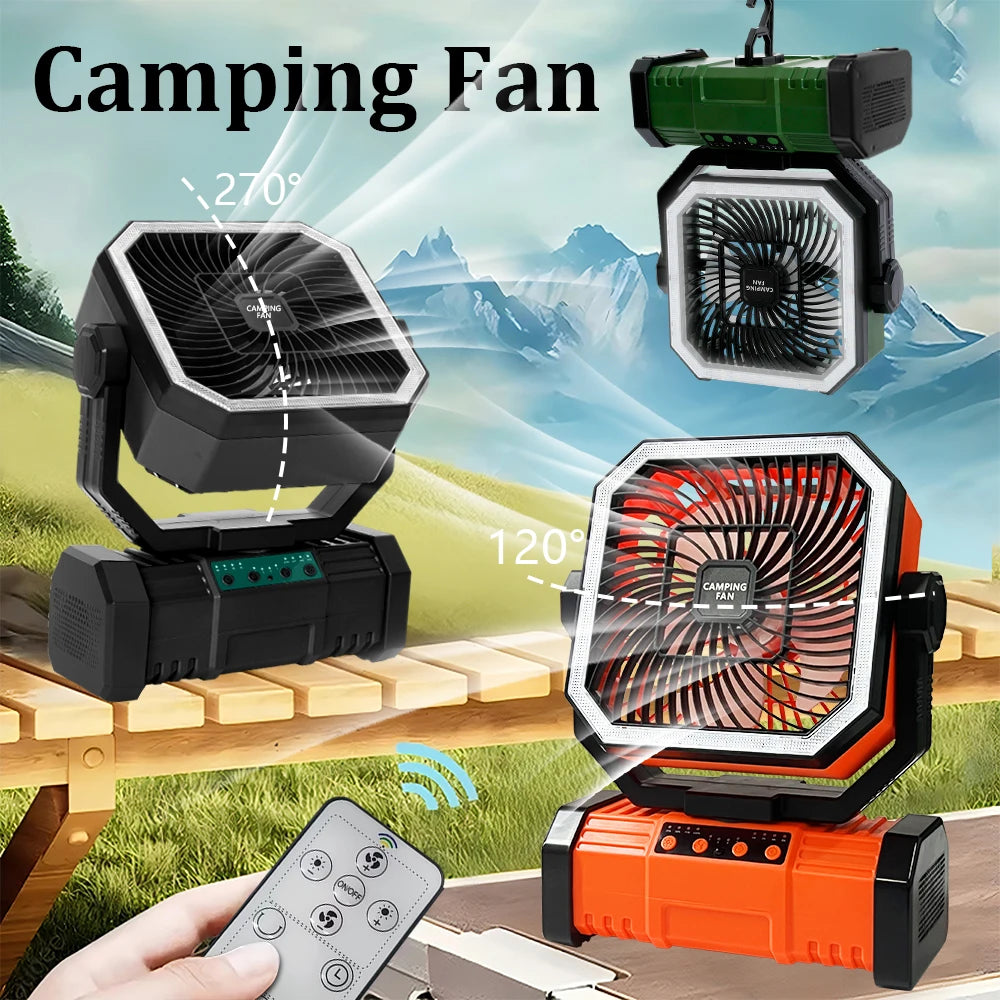 Camping Portable Desk Fan with LED Light Rechargeable Quiet Camping Fan 20000Mah Battery Hanging Hook for Trip Home Bedroom