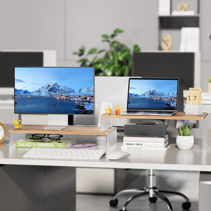 Adjustable Monitor Stand Riser with Acrylic Legs丨9.4" Wide Dual Monitor Stand for Desk丨2-Tier Wood Desktop Organizer for Computer, Laptop, Printer & Pc丨Modern Aesthetic Desk Shelf(Wood-Glacial Striae)
