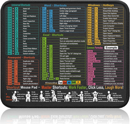 Mouse Pad for Excel/Word/Powerpoint/Windows Shortcuts – Small Excel Cheat Sheet Desk Pad – 11.8"X9.8" Portable Computer Mousepad – Gaming, Office, Waterproof, Non-Slip, Stitched Edges