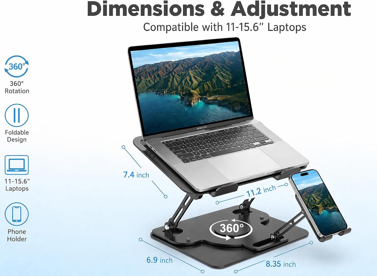 Laptop Stand for Desk,Adjustable Computer Stand with 360° Rotating Base,2-In-1 Laptop Stands with Phone Holder,Ergonomic Laptop Riser for Collaborative Work,Fits for All 10-16" Laptops