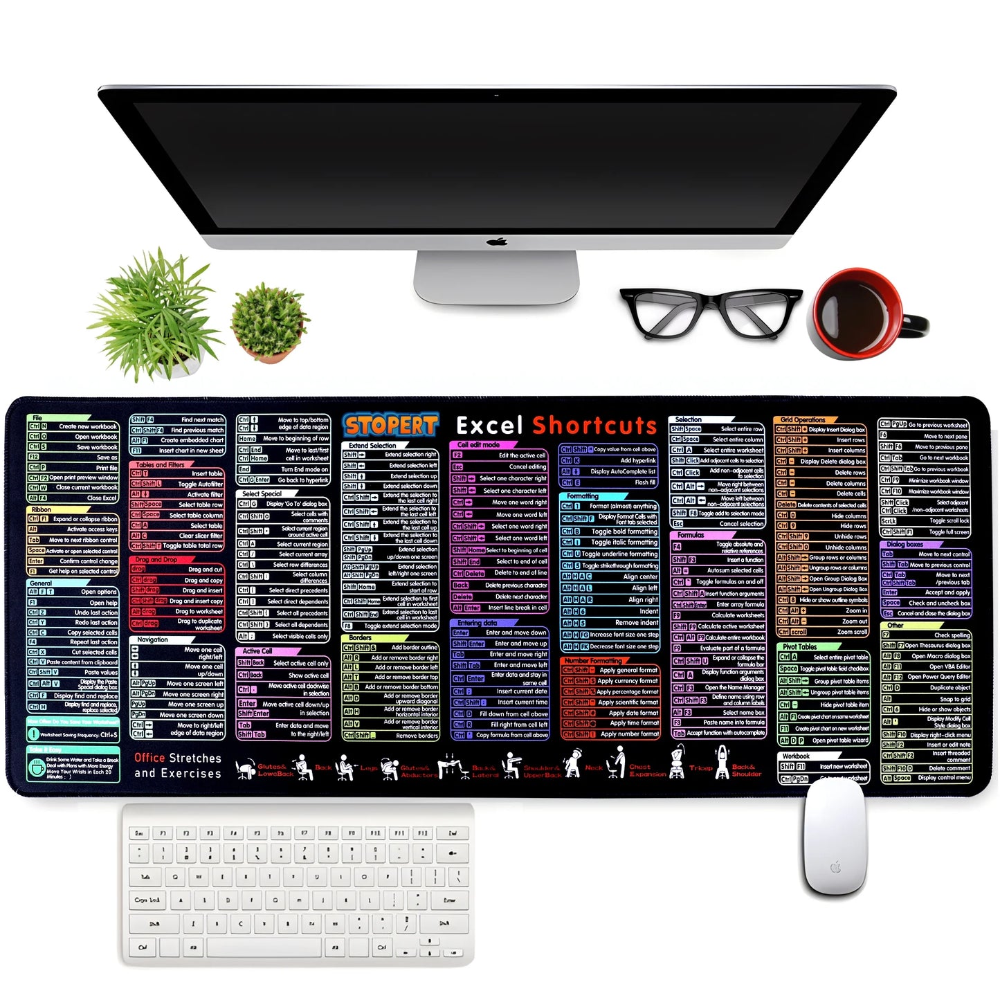 XL Office Excel Cheat Sheet Desk Pad Mat - Large Waterproof Anti-Slip Mouse Pad with Keyboard Shortcuts - 31.5” x 11.8”