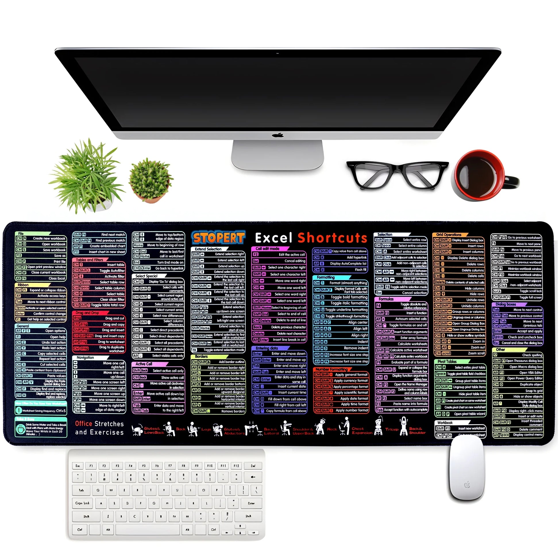 XL Office Excel Cheat Sheet Desk Pad Mat - Large Waterproof Anti-Slip Mouse Pad with Keyboard Shortcuts - 31.5” x 11.8”