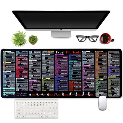 XL Office Excel Cheat Sheet Desk Pad Mat - Large Waterproof Anti-Slip Mouse Pad with Keyboard Shortcuts - 31.5” x 11.8”