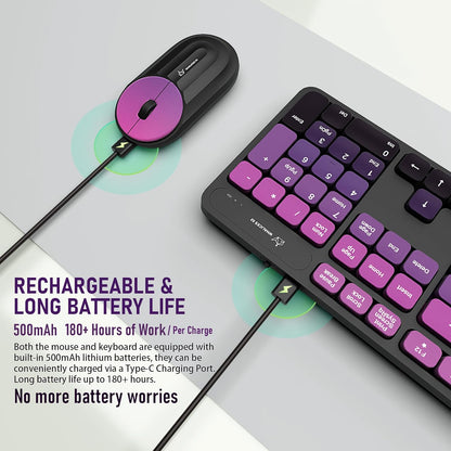 Wireless Keyboard and Mouse Combo - 2.4G Wireless, Rechargeable, Low-Noise, Cute Colorful, Full-Sized, 3 DPI Adjustable Mouse, for Computer, Laptop, PC, Desktop (Black Pink)