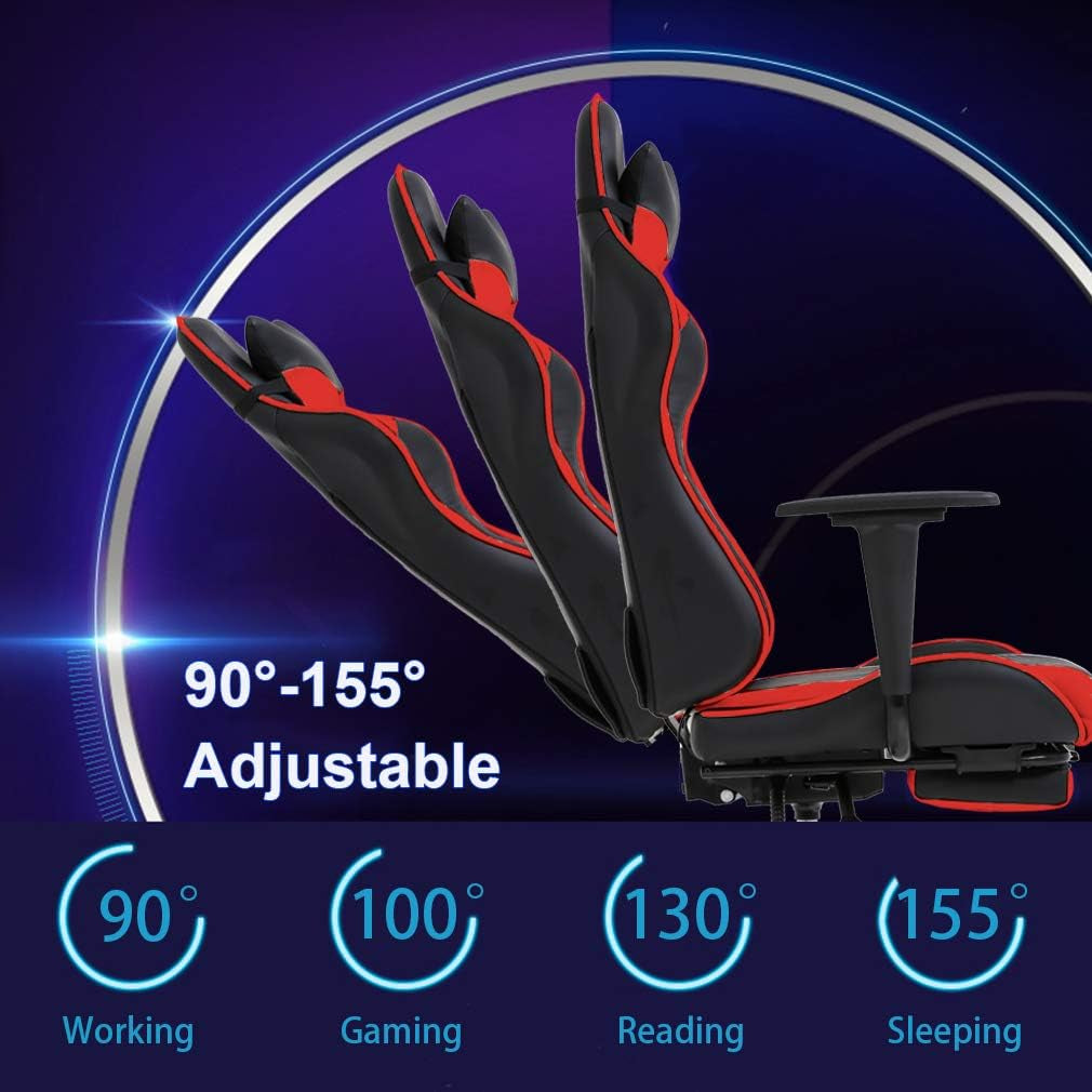 Ergonomic Red Gaming Chair with Recline Function, Lumbar Support, Headrest Pillow, and Adjustable Footrests - 360-Degree Swivel and Heavy-Duty Wheels for Home and Office Use