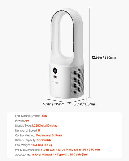 Desk Fan Bladeless, 12.99 Inch Portable Desk Fan, 6-Speed USB Quiet Cooling Smal