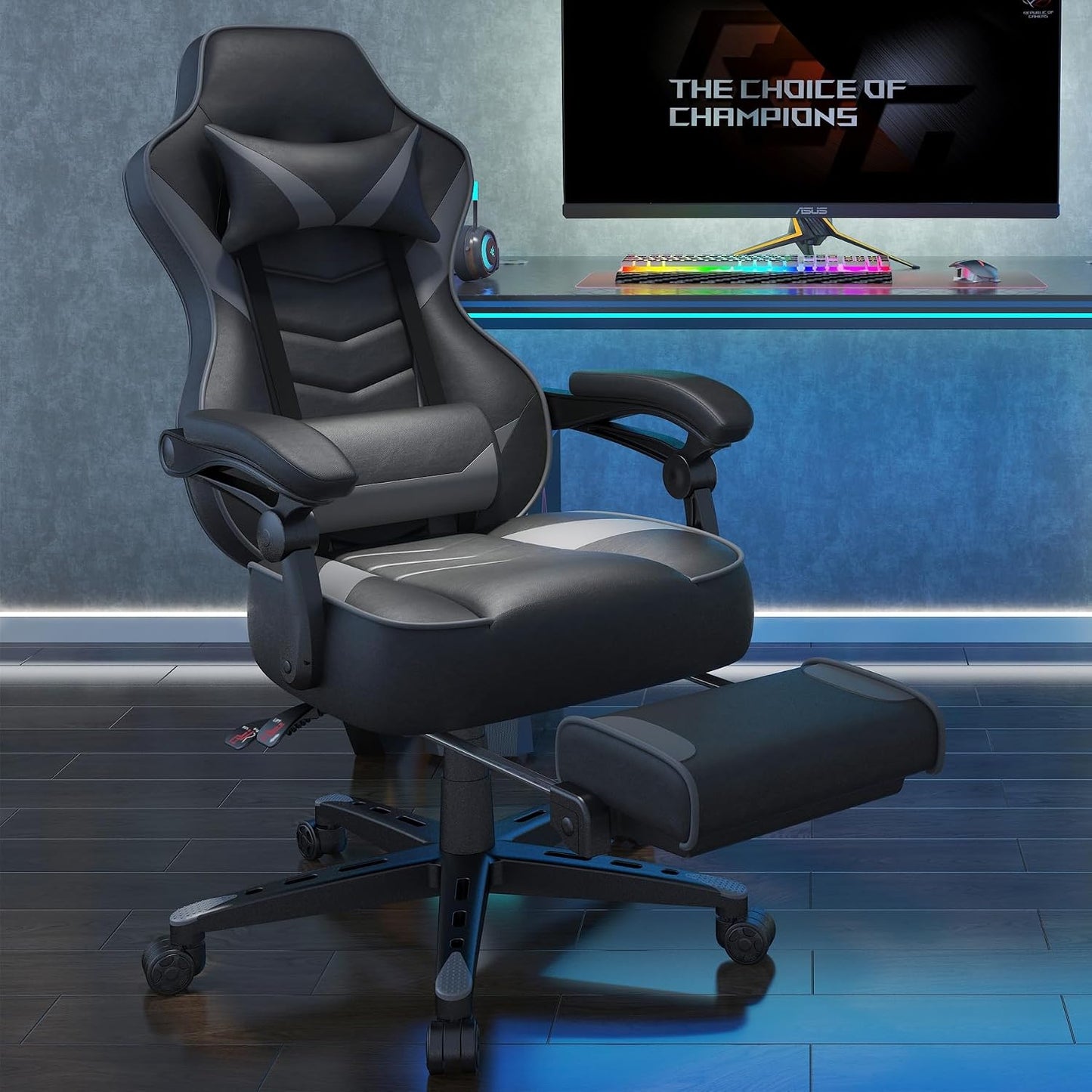 Ergonomic Gaming Chair with Adjustable Backrest and Seat Height, Swivel Recliner Design, Footrest and Lumbar Support, Gray