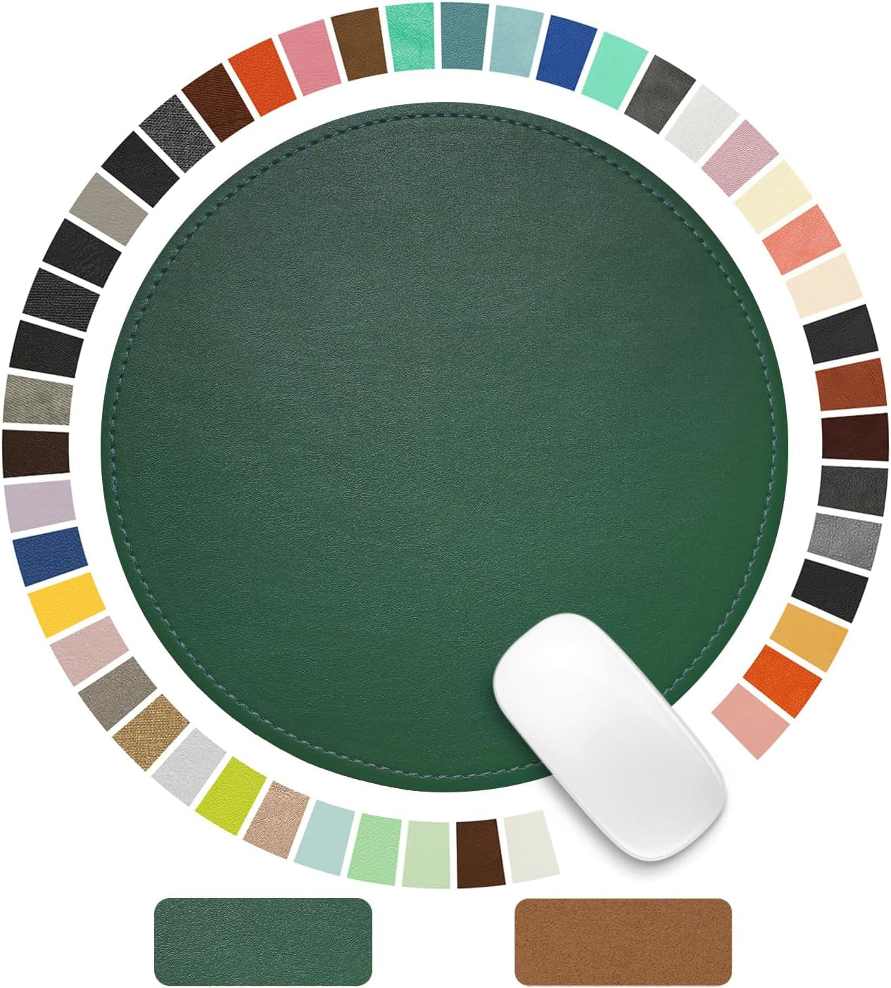 Round Leather Mouse Pad with Stitched Edge and Non-Slip Waterproof Microfiber Base, 9 x 9 Inches (Charcoal Black)