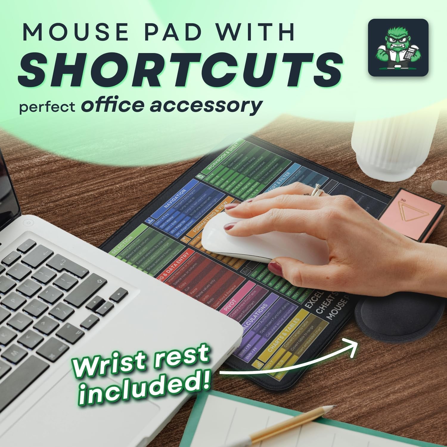Excel Shortcuts Desk Pad - Portable Non-Slip Mouse Pad with Spreadsheet Formulas - Office Keyboard Mat [12” X 10”]