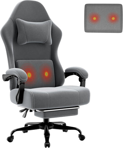 Ergonomic Massage Gaming Chair with Lumbar Support and Footrest, Height Adjustable Fabric Computer Chair with Pocket Spring Cushion (Gray)