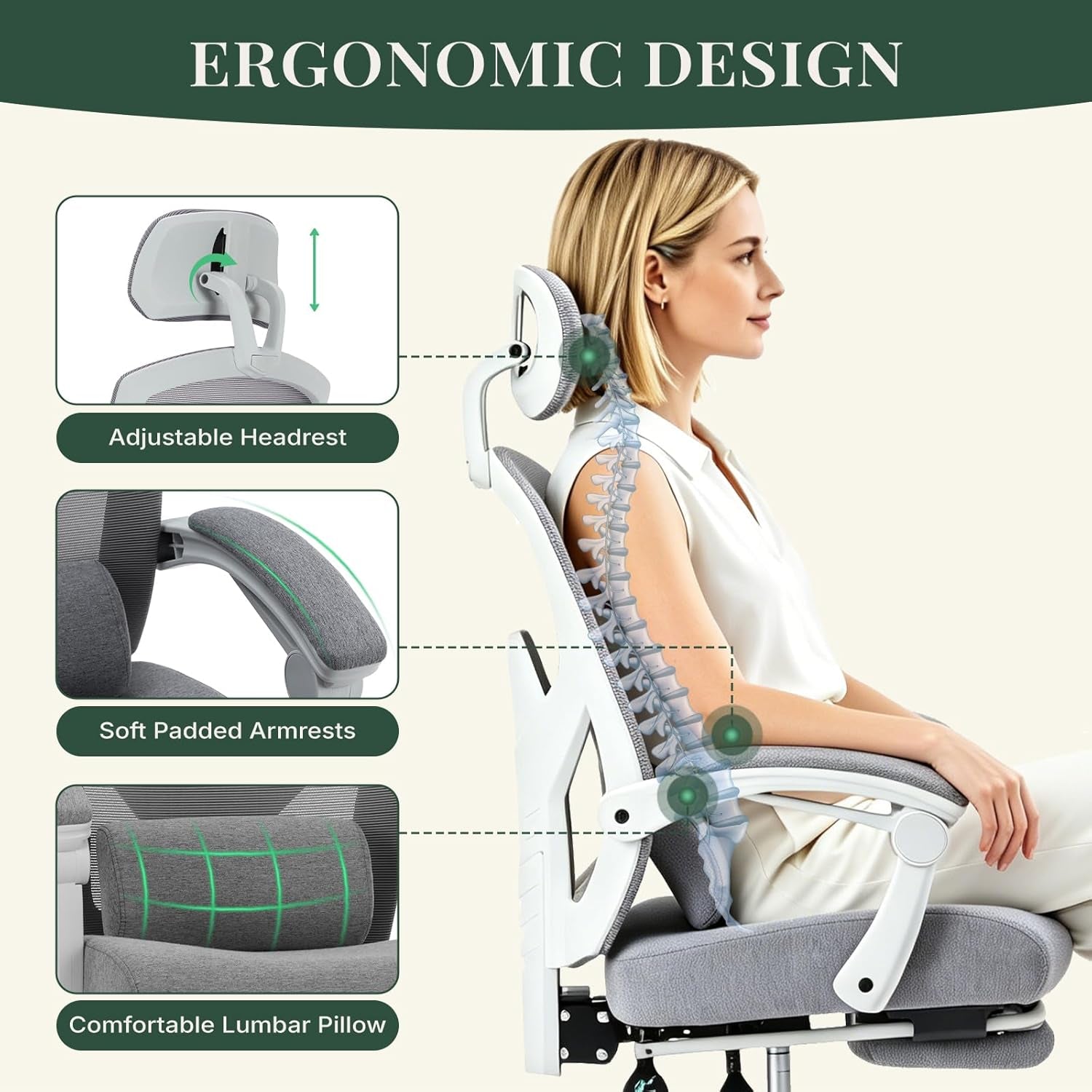 Ergonomic High Back Office Chair with Footrest and Lumbar Support, Adjustable Recline and Mesh Back for Home and Gaming, Grey