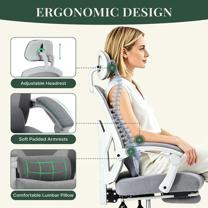 Ergonomic High Back Office Chair with Footrest and Lumbar Support, Adjustable Recline and Mesh Back for Home and Gaming, Grey
