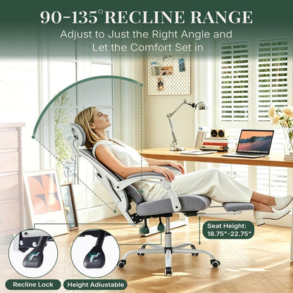 Ergonomic High Back Office Chair with Footrest and Lumbar Support, Adjustable Recline and Mesh Back for Home and Gaming, Grey
